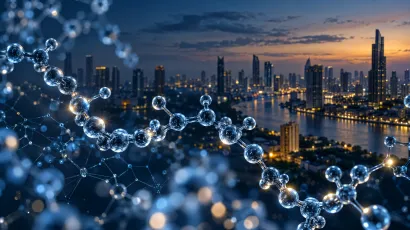 Night skyline of Bangkok along the Chao Phraya River, with abstract glass-like peptide chains in the foreground.